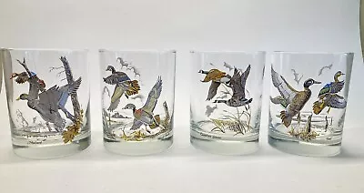 Vintage Lowball Old Fashion Whiskey Glasses Set 4 Ducks Flying Teal Mallard Goos • $49