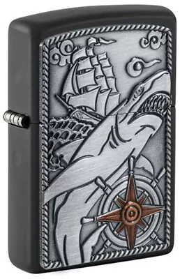 New Zippo Nautical Pirate Ship Shark Emblem Lighter Black Matte Finish 48120 • $28.99