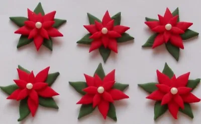  Edible Icing Poinsettia Flowers Red White CHRISTMAS CupCake Toppers Decorations • £6.15