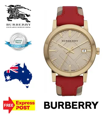 New Burberry 'the City ' Bu9017 Gold/champagne/red Leather Unisex Watch • $329.99