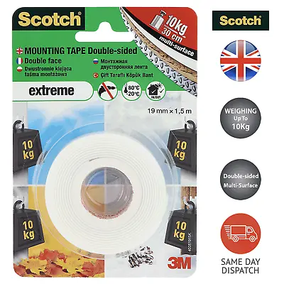£4.99 • Buy Scotch 3M Double Sided Extreme (L)1.5m (W)19mm White Mounting Tape Multi Surface