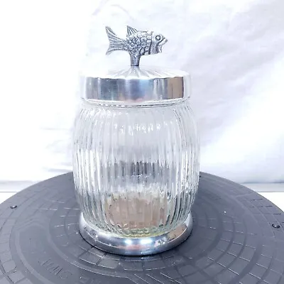 Vintage Aluminum Fish Topped Footed Glass Jar With Rippled Glass • $9.99