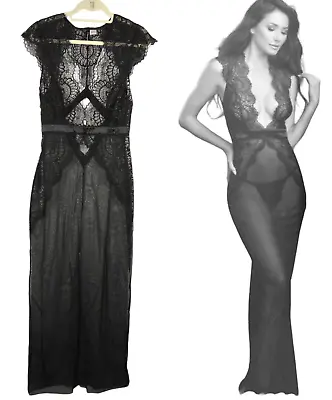 Dreamgirl Sexy Mesh & Lace Sheer Plunging Long Nightgown Size Large • £48.25