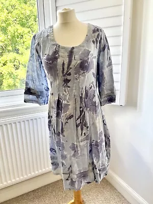 Eden Rock Dress Blue Floral 100% Linen Shift Summer Smock Dress Small Tie Back • £25