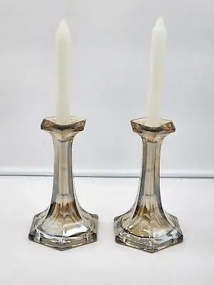 2) EAPG Flint Bronze Blown Glass Taper 6 Side PILLAR Candle Stick Holders 7.25  • $75
