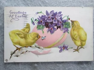 Antique Greetings At Easter Stecher Lithographic Postcard 1922 Pink Egg Chick • $2.90