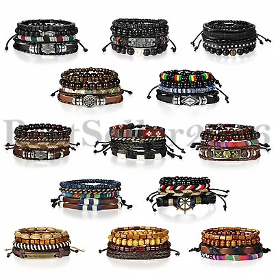 4PCS Men Women Leather Wrap Bracelet Braided Tribal Beaded Wristband Bangle Set • $9.49