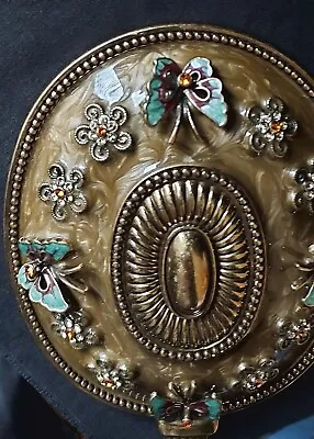 Hand Mirror Gold Enamel Amber Crystals Oval 3D Butterfly Floral Vanity Vintage • $49.46