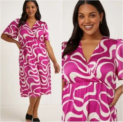 * BNWT Matalan Papaya Curve Pink Swirl Print Satin Wrap Dress (ST374) • £14.99