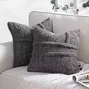  Pack Of 2 Sherpa Solid Throw Decorative Pillow Cover 18 X 18-Inch Dark Grey • $24.28