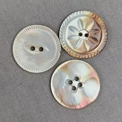 Vintage Carved Fancy Mother Of Pearl Shell Buttons 7/8  Antique Lot Of 3 • $12