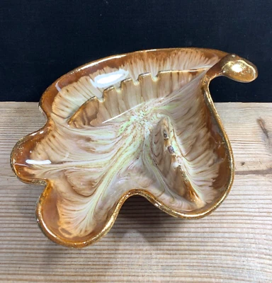 $24 • Buy Vintage Mid Century Leaf ASHTRAY CALI Pottery 170 Drip Glaze Brown Gold 1960s