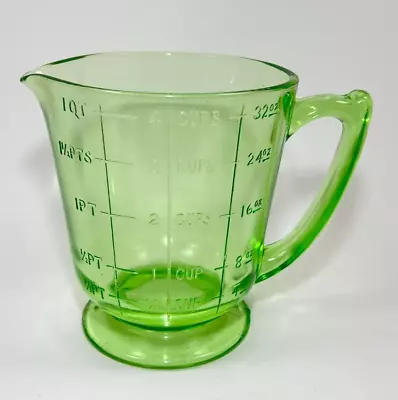 Depression Vaseline Uranium Glass Footed Measuring Cup 1 Quart VTG 1930's • $72.65