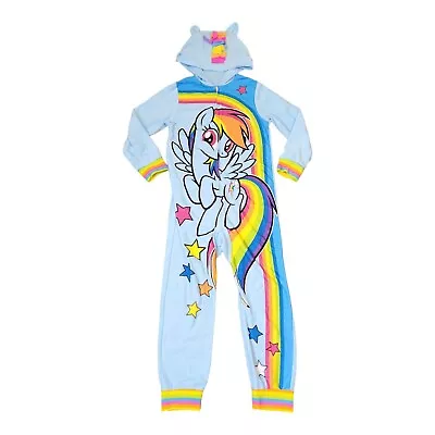 My LIttle Pony One Piece PJS Girls Size Medium Rainbow Dash Hooded Blue Pajamas  • $16