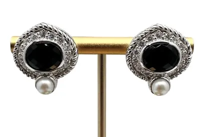 Judith Ripka Sterling Silver Black Onyx Pearl Diamonique Drop Earrings • $149.99