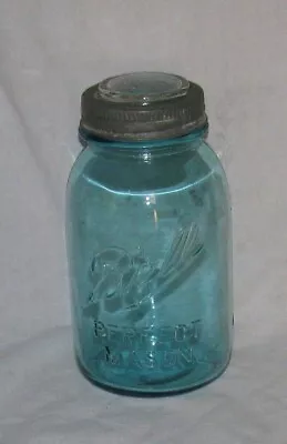 Vtg Ball Blue Glass PERFECT MASON Canning Jar 1 Quart W/ Zinc & Glass Lid #10 • $8.25