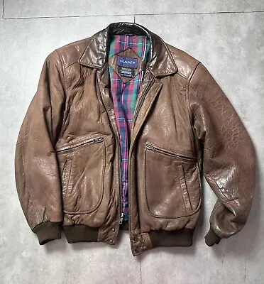 $88 • Buy Vintage Gant  Leather Jacket Medium Men Pilot Bomber Plaid Liner Brown 90s