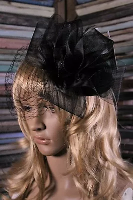 Black Fascinator Mesh Flower And Feather Leaf Netting Veil Mini Hat Head Band • $19.99