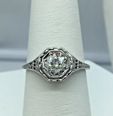 18K White Gold  Victorian Filigree .60ct Old Mine Cut Diamond Engagement Ring • $1457