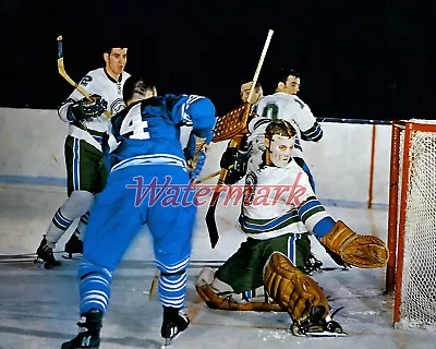 Dave Keon Maple Leafs Battling Oakland Seals Goalie Gary Smith  8 X 10 Photo • $5.59