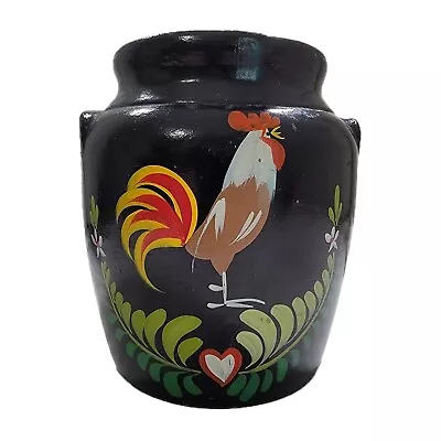 Ransburg Pottery Black Stoneware Crock Utensil Holder Hand Painted  Rooster  Vnt • $58.99