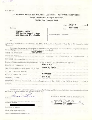 Vincent Price - Contract Signed 07/08/1963 • $500