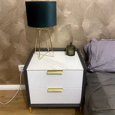 2 Drawer Beside End Table Marble Nightstand Striped Night Stand With Gold Handle • £99.95