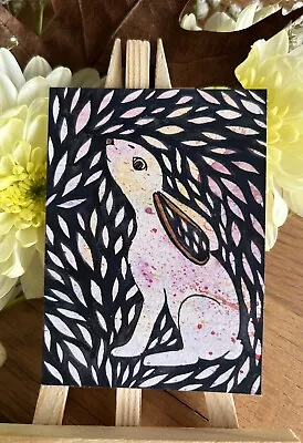 ACEO Original Watercolour Hare Painting Folk Art Floral Pattern • £4