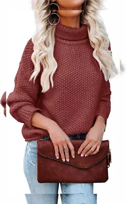 Lynwitkui Women Turtleneck Sweaters Batwing Sleeve Casual Medium Bean Red  • $41.79