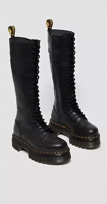 Dr Martens Black AUDRICK 20-EYE LEATHER KNEE HIGH PLATFORM BOOTS Uk 4 • £175