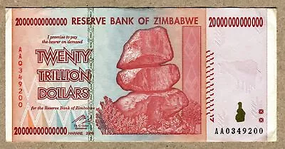 Zimbabwe 20 Trillion Dollars Banknote AA 2008 P89 VF Currency Bill • $69.60