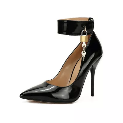 12CM Women Cross-dress Patent Leather Shoes Lockable Padlock Pointy Toe Stiletos • £59.44