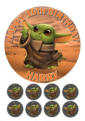 Baby Yoda Star Wars Personalised Edible Icing Birthday Cake Topper & 8 Cupcakes • £4.95