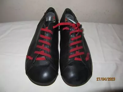 Camper Shoes UK 7.5 Black EU 41 Leather Red Laces Flat Worn • £31.20