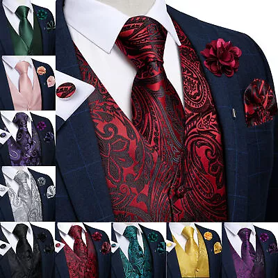 Mens Waistcoats Beige Black Paisley Tie Hanky Cufflinks Vest Set Wedding Causal • $24.67