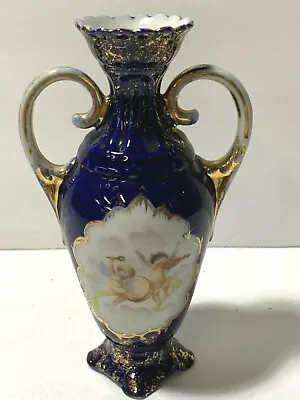 Beautiful Vintage CHERUB Portrait Vase VICTORIA CARLSBAD AUSTRIA BLUE GOLD • $29.55