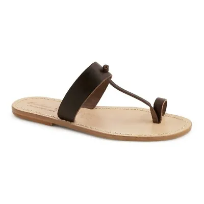 Handmade Men's Thong Flip Flops Slipper Dark Brown Genuine Leather Italian Shoes • £96