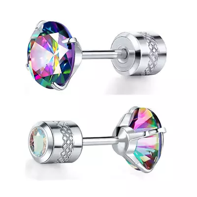 A PAIR Silver Prong Set Colorful CZ Stud Earrings Screw Back Surgical Steel Gift • $3.95