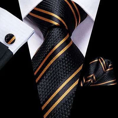 Men's Silk Tie Yellow Red White Striped  Necktie Square Hanky Cufflink Set Weddi • $13.99