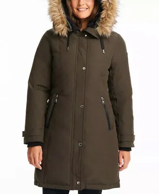 VINCE CAMUTO Women's Faux-Fur-Trim Hooded Parka Coat XS Olive Green • $34.32