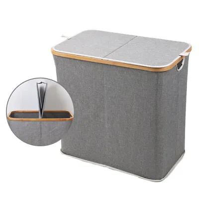 Laundry Basket Bin Bag Oxford Fabric Hamper 2 Compartment Double Sided Lid • £14.59