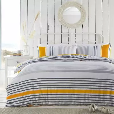 £15.99 • Buy Duvet Set Quilt Cover Pillow Cases Nautical Stripes Marigold Yellow Grey 