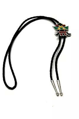 Vtg Western Black Bolo Neck Tie Aztec Design Slider Enamel Silver Tone • $26.99