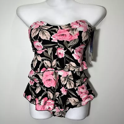 Gabar Pink Black Ruffled One Piece Swimsuit Chlorine Resist Size 8￼ • $36.99