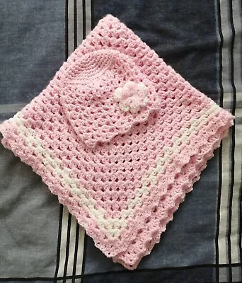 New Handmade Crochet Baby Girl Multi Purpose Blanket. Pink&White And Hat. L@@K! • £19.95