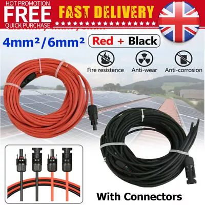 Solar Cable For Panels PV DC AC Rated Black And Red 4mm² 6mm² Wire Extension • £7.39