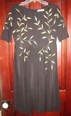Wayward Fancies EShakti S M Fit Flare Dress Black Gold Floral Leaf Embroidered • $29.99