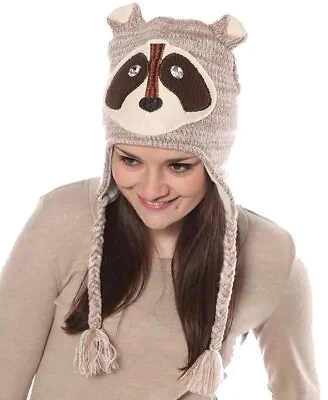 £10.99 • Buy Ladies/Girls Novelty Animal Knitted Peruvian Peru Thermal Ski Hats Racoon