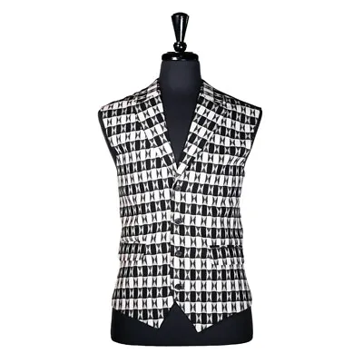 Mens Vest Suit Lapel Black White Geometric Wool Dress Formal Waistcoat Large 44 • $44.99