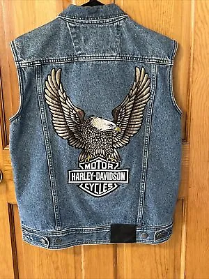 Men’s Harley Davidson Authentic Denim Biker Vest Huge Embroidered Spread Eagle S • $85